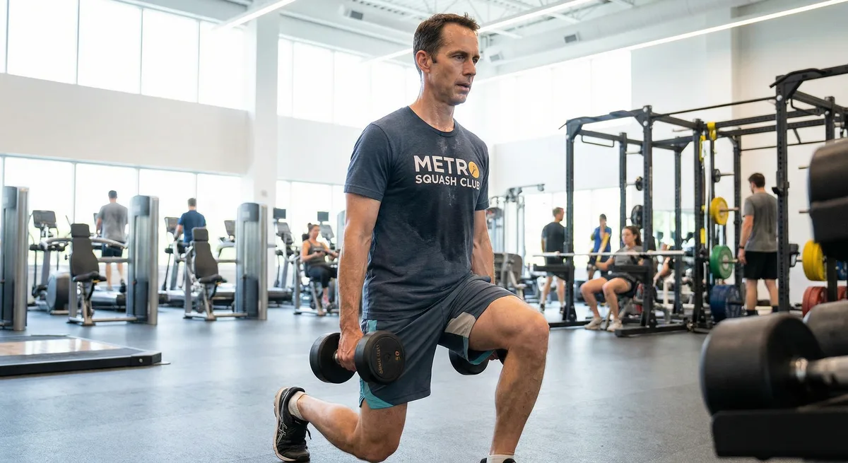 لاعب سكواش يقوم بتمارين القوة والتحمل البدني في الجيم